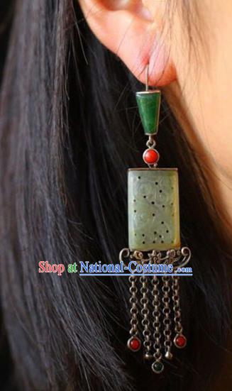 Handmade China National Cheongsam Earrings Wedding Silver Tassel Eardrop Accessories Traditional Jade Jewelry