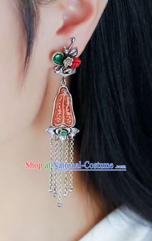 Handmade China National Cheongsam Earrings Agate Eardrop Accessories Traditional Silver Plum Tassel Jewelry