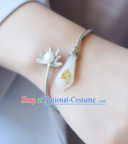 China Handmade Silver Pearl Bracelet Traditional Jewelry Accessories National Jade Mangnolia Bangle