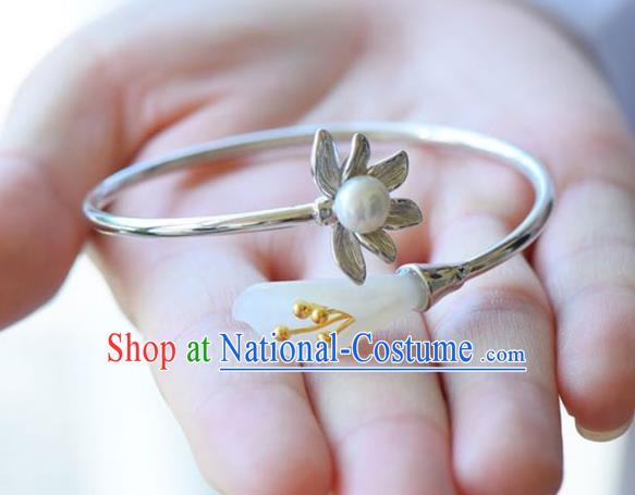 China Handmade Silver Pearl Bracelet Traditional Jewelry Accessories National Jade Mangnolia Bangle