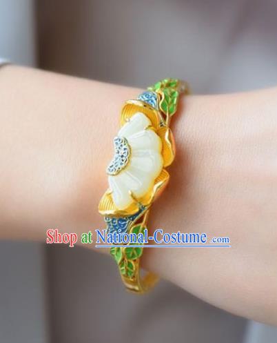 China Handmade Golden Bracelet Traditional Jewelry Accessories National Blueing Jade Lotus Bangle