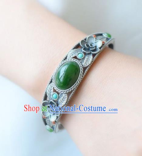 China Handmade Chrysoprase Bracelet Traditional Jewelry Accessories National Silver Carving Bangle