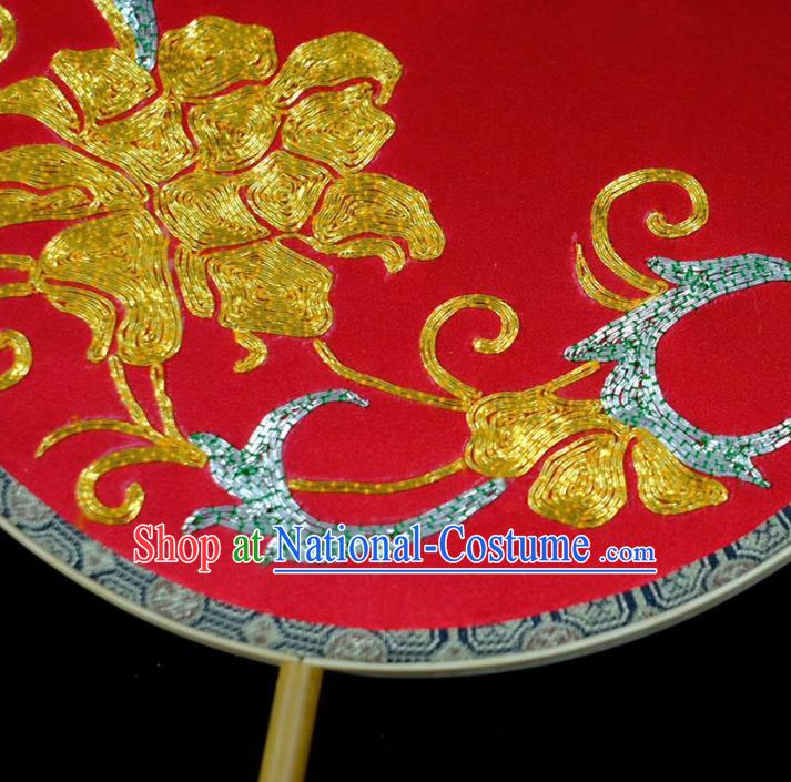 Chinese Traditional Wedding Fan Handmade Embroidered Red Circular Fan Silk Fans