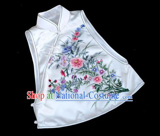 Chinese Traditional Waistcoat Costume Embroidered White Silk Vest Upper Outer Garment