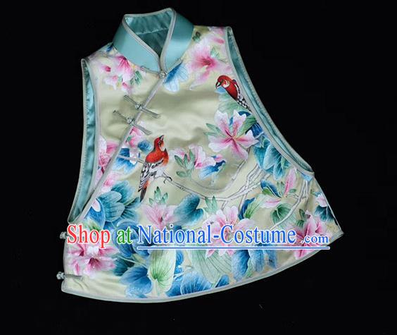 Chinese Embroidered Flowers Bird Vest Costume Traditional Upper Outer Garment Light Green Silk Waistcoat