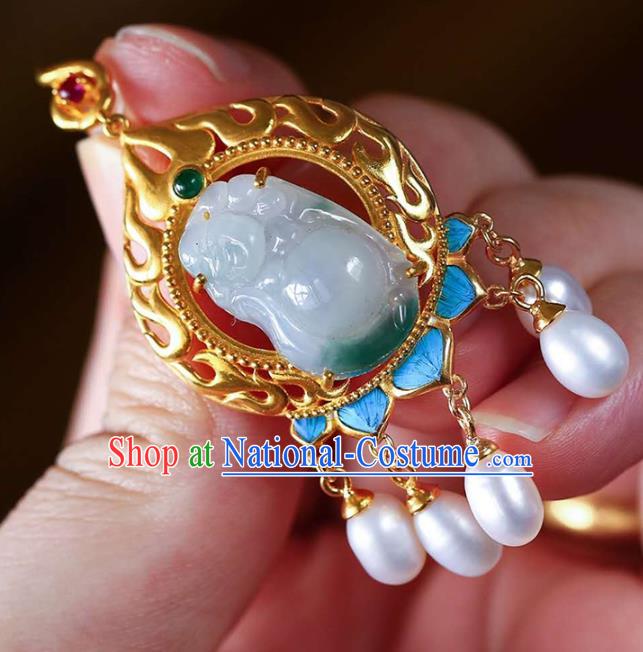 Handmade China Jade Carving Buddha Eardrop Accessories Traditional Pearls Jewelry National Cheongsam Golden Earrings