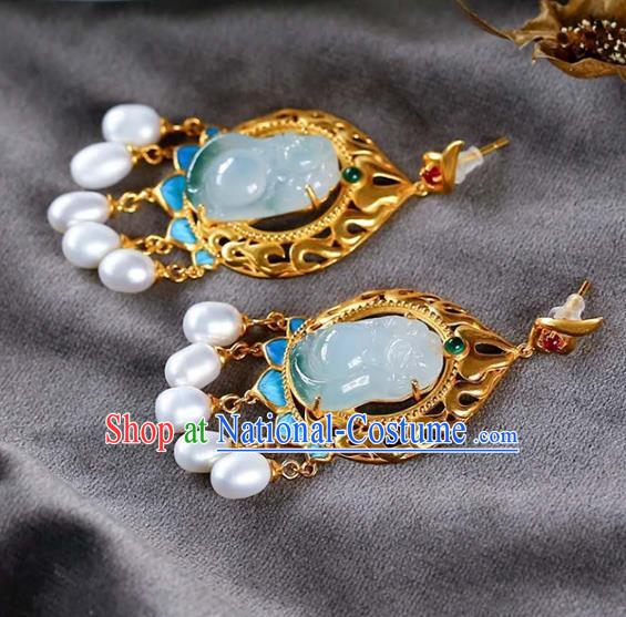 Handmade China Jade Carving Buddha Eardrop Accessories Traditional Pearls Jewelry National Cheongsam Golden Earrings