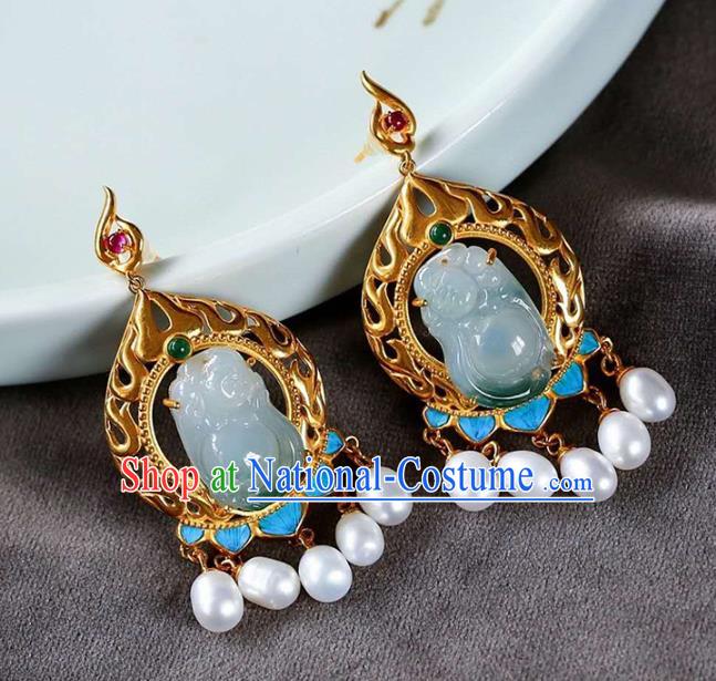 Handmade China Jade Carving Buddha Eardrop Accessories Traditional Pearls Jewelry National Cheongsam Golden Earrings