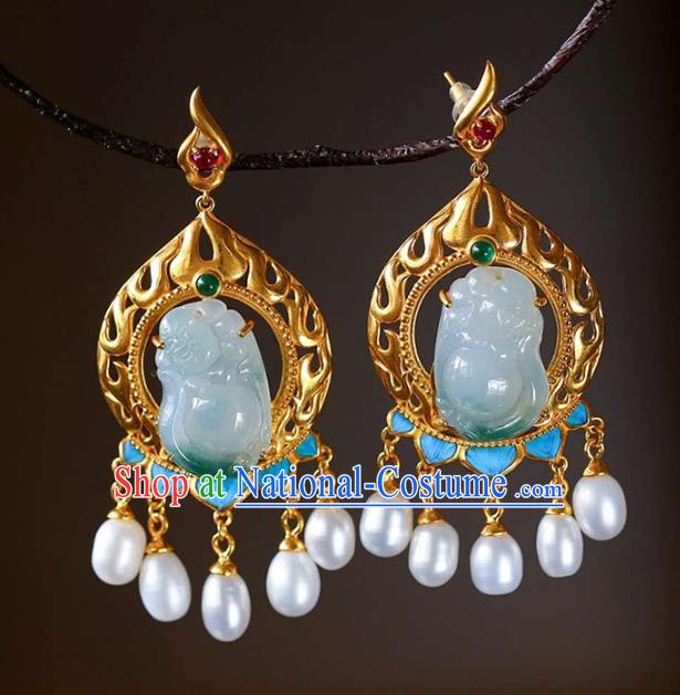 Handmade China Jade Carving Buddha Eardrop Accessories Traditional Pearls Jewelry National Cheongsam Golden Earrings