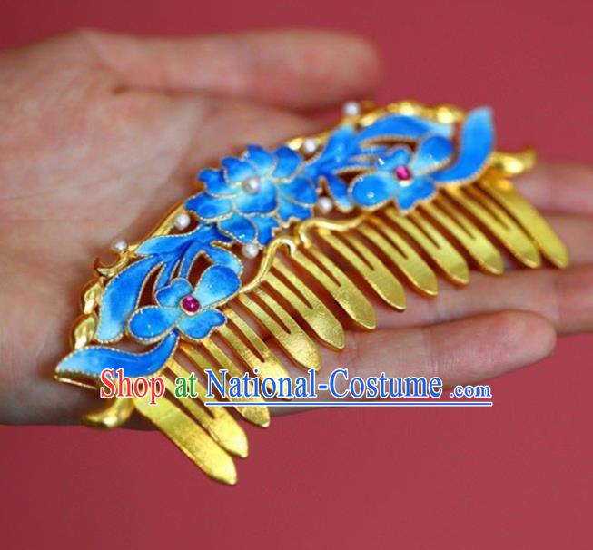 Chinese Traditional Cloisonne Lotus Hairpin Handmade Ancient Qing Dynasty Court Pearls Hair Comb