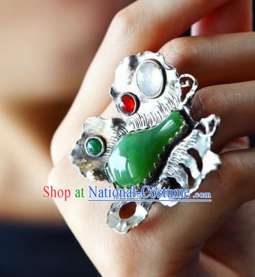 Chinese National Silver Butterfly Ring Jewelry Traditional Handmade Gems Circlet Jade Accessories