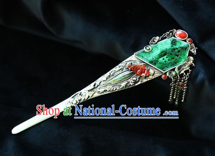 Chinese National Silver Hair Jewelry Traditional Handmade Jade Hair Accessories Tassel Hairpin