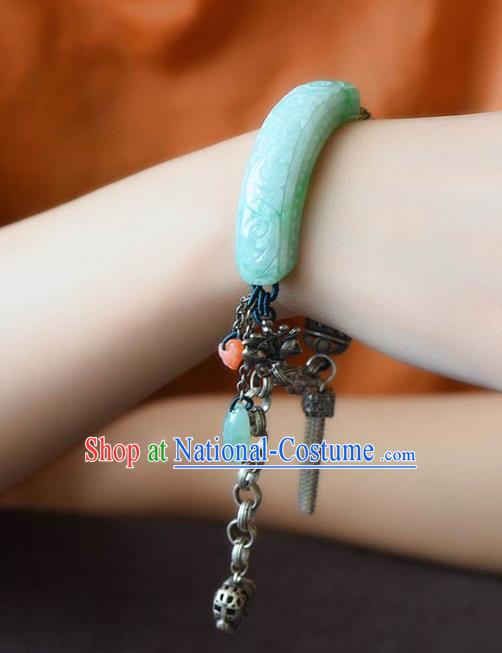 China Handmade Jadeite Carving Cloud Bracelet Traditional Jewelry Accessories National Silver Tassel Bangle