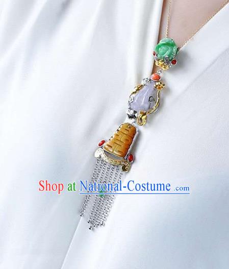 Chinese Classical Silver Tassel Necklace Handmade Jewelry Accessories National Wedding Jade Necklet Pendant