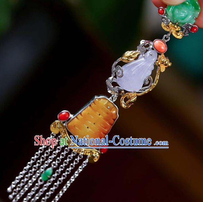 Chinese Classical Silver Tassel Necklace Handmade Jewelry Accessories National Wedding Jade Necklet Pendant