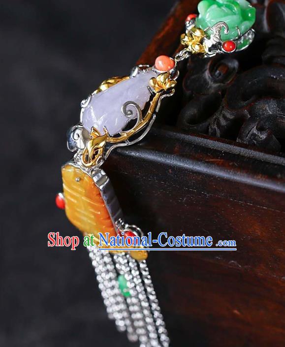 Chinese Classical Silver Tassel Necklace Handmade Jewelry Accessories National Wedding Jade Necklet Pendant