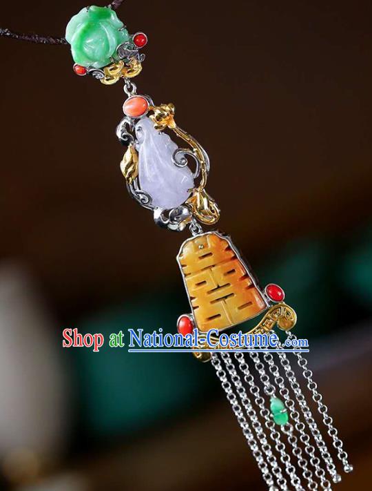 Chinese Classical Silver Tassel Necklace Handmade Jewelry Accessories National Wedding Jade Necklet Pendant