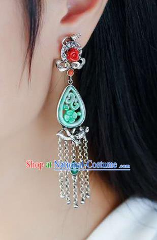 Handmade China National Cheongsam Silver Tassel Earrings Jade Eardrop Accessories Traditional Jewelry