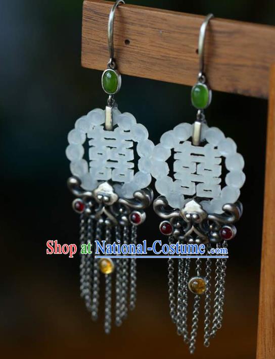 Handmade China Jade Eardrop Accessories National Cheongsam Silver Tassel Earrings Traditional Wedding Jewelry