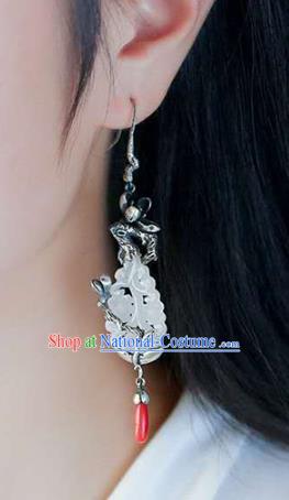 Handmade China Traditional Jade Eardrop Accessories Jewelry National Cheongsam Silver Mangnolia Earrings