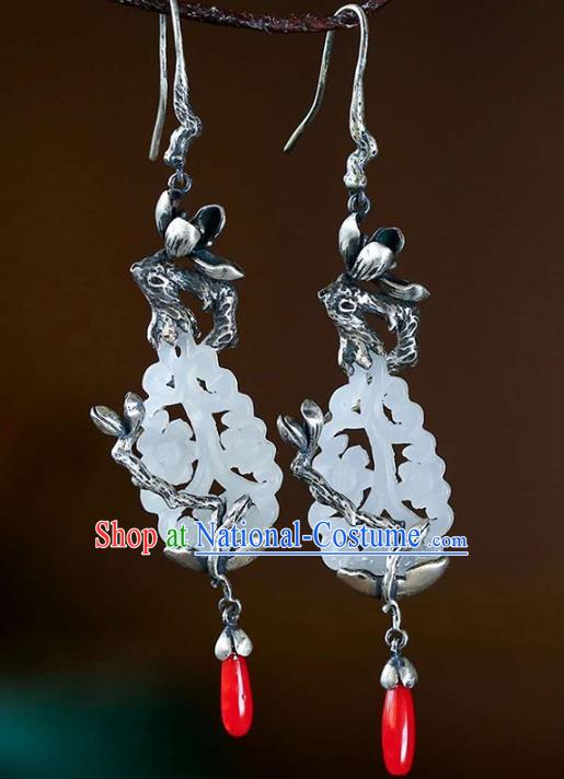 Handmade China Traditional Jade Eardrop Accessories Jewelry National Cheongsam Silver Mangnolia Earrings