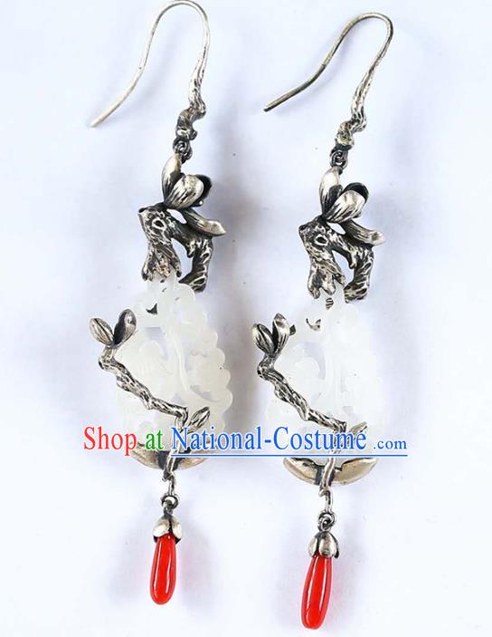 Handmade China Traditional Jade Eardrop Accessories Jewelry National Cheongsam Silver Mangnolia Earrings