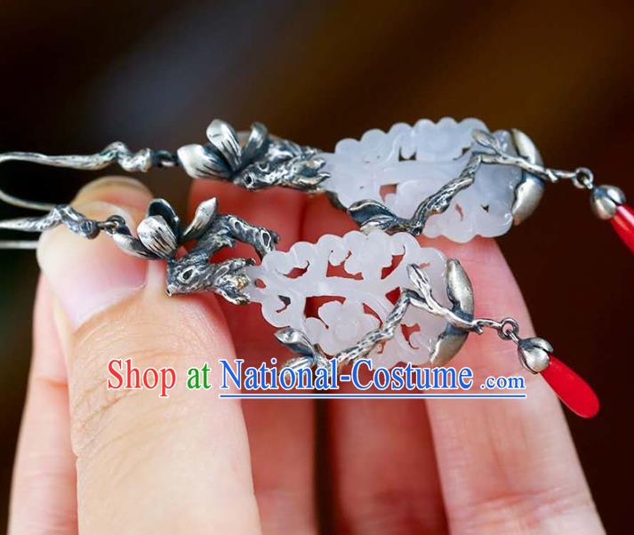 Handmade China Traditional Jade Eardrop Accessories Jewelry National Cheongsam Silver Mangnolia Earrings