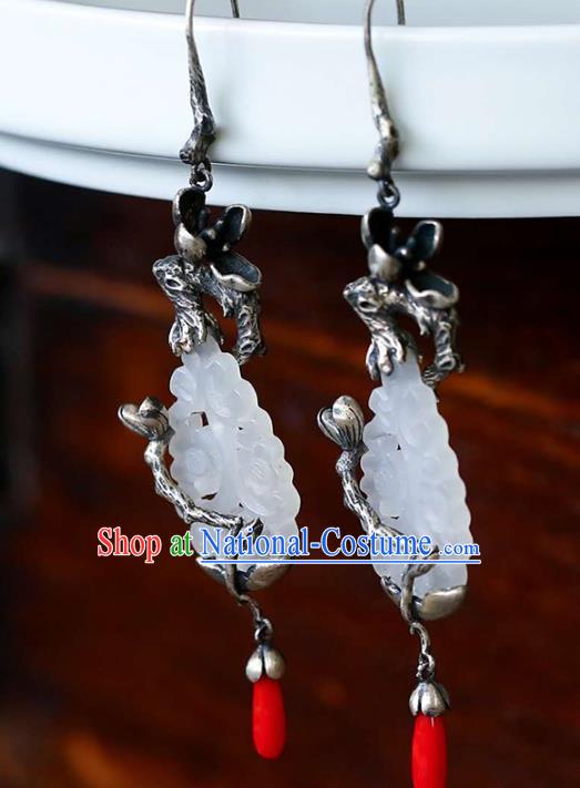 Handmade China Traditional Jade Eardrop Accessories Jewelry National Cheongsam Silver Mangnolia Earrings