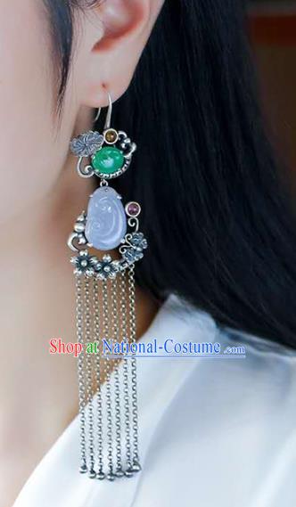 Handmade China Traditional Jade Eardrop Accessories National Cheongsam Silver Tassel Earrings Jewelry