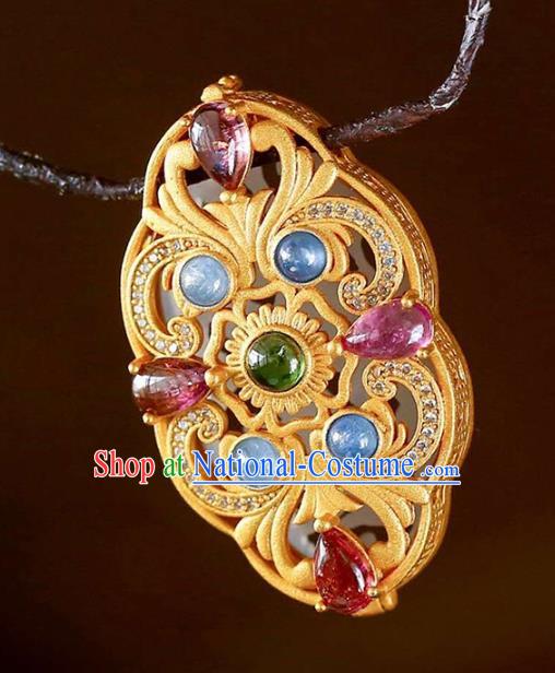 Chinese Classical Gems Necklace Accessories Handmade National Golden Sachet Pendant