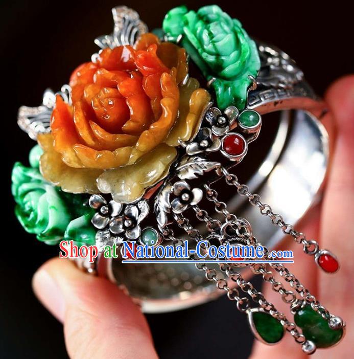 China Handmade Silver Tassel Bracelet Traditional Jewelry Accessories National Jade Carving Peony Bangle