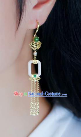 Handmade China Cheongsam Golden Tassel Earrings Traditional National Jewelry Jade Eardrop Accessories