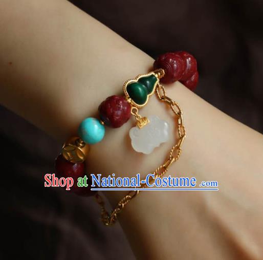 China Handmade Jade Lock Bracelet Traditional Jewelry Accessories National Vermilion Carving Lotus Bangle