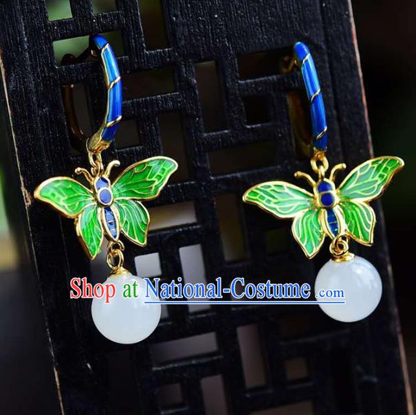 Handmade China National Cloisonne Green Butterfly Earrings Traditional Jewelry Cheongsam Hetian Jade Eardrop Accessories