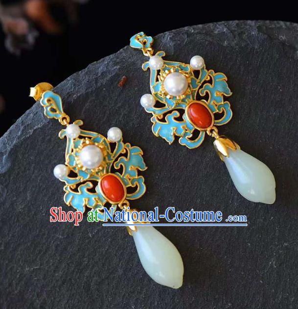 Handmade China Traditional Jewelry Cheongsam Pearls Eardrop Accessories National Jade Mangnolia Earrings