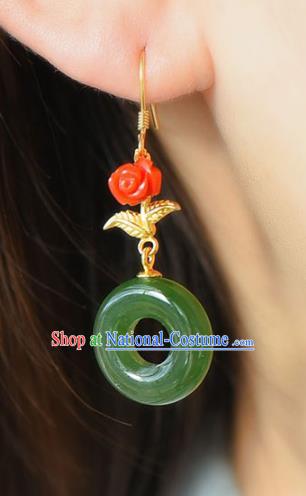 Handmade China Cheongsam Red Rose Eardrop Accessories National Jade Earrings Traditional Jewelry