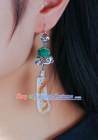 Handmade China Cheongsam Silver Eardrop Accessories Traditional Jewelry National Jadeite Earrings