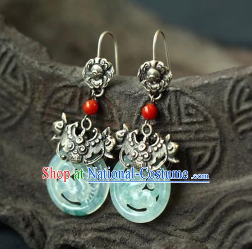 Handmade China Traditional Jade Jewelry Cheongsam Eardrop Accessories National Silver Carving Bat Earrings