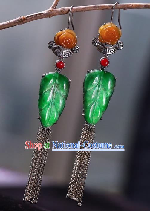 Handmade China National Jade Leaf Earrings Cheongsam Tassel Eardrop Accessories Traditional Silver Jewelry