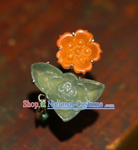 Chinese National Agate Flowers Ring Jewelry Traditional Handmade Jadeite Circlet Silver Accessories