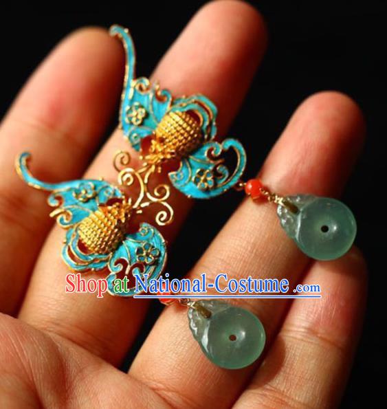 Handmade China Cheongsam Blue Bat Eardrop Accessories National Earrings Traditional Jade Jewelry