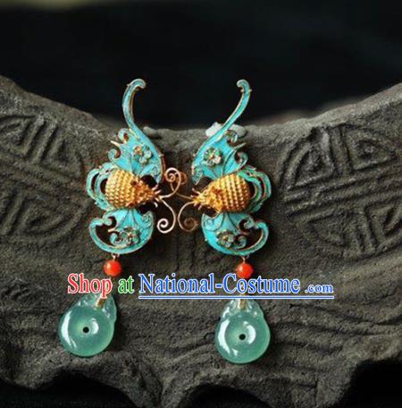 Handmade China Cheongsam Blue Bat Eardrop Accessories National Earrings Traditional Jade Jewelry