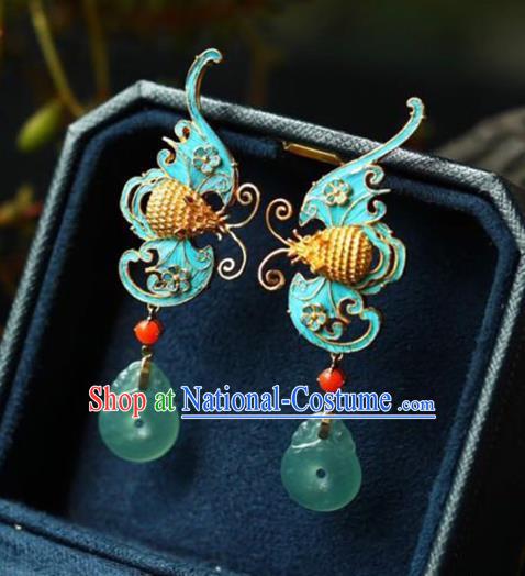 Handmade China Cheongsam Blue Bat Eardrop Accessories National Earrings Traditional Jade Jewelry