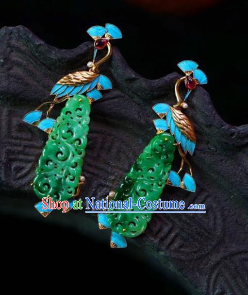 Handmade China National Jade Carving Cloud Earrings Traditional Jewelry Cheongsam Blueing Crane Eardrop Accessories