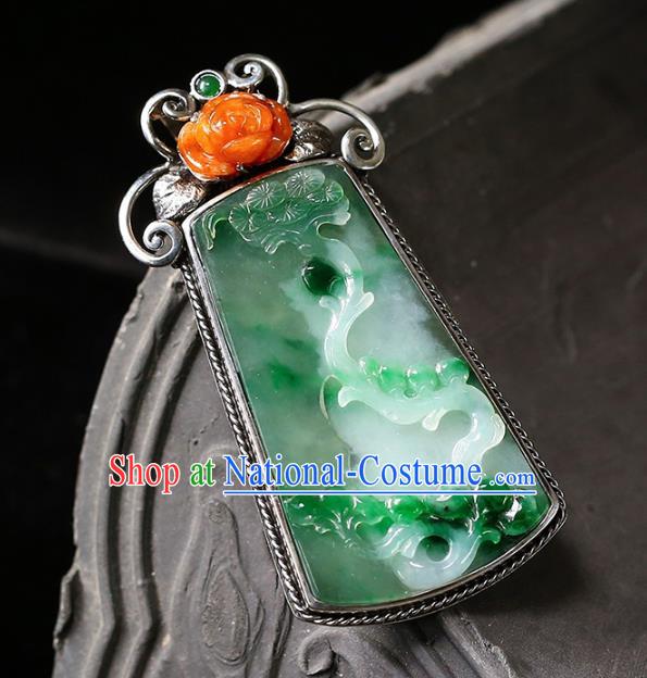 Chinese National Classical Jade Carving Necklace Accessories Handmade Silver Necklet Pendant