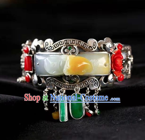 China Handmade Retro Silver Bracelet Traditional Jewelry Accessories National Jade Carving Bangle