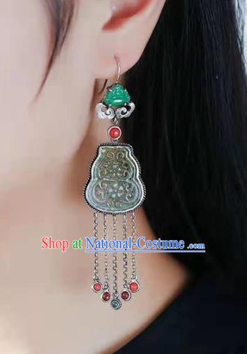 Handmade China National Jade Gourd Earrings Traditional Jewelry Accessories Cheongsam Silver Tassel Eardrop