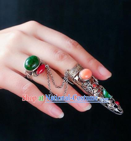 Chinese Traditional Handmade Accessories Nail Wrap with Jadeite Ring National Retro Silver Jewelry