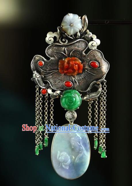 Chinese National Classical Silver Lotus Leaf Necklace Accessories Handmade Jade Goddess Guanyin Necklet Pendant