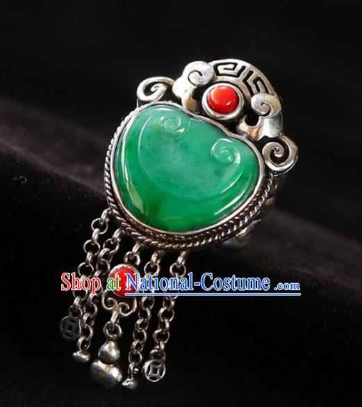 Chinese National Jadeite Carving Cloud Ring Jewelry Traditional Handmade Silver Tassel Circlet Accessories